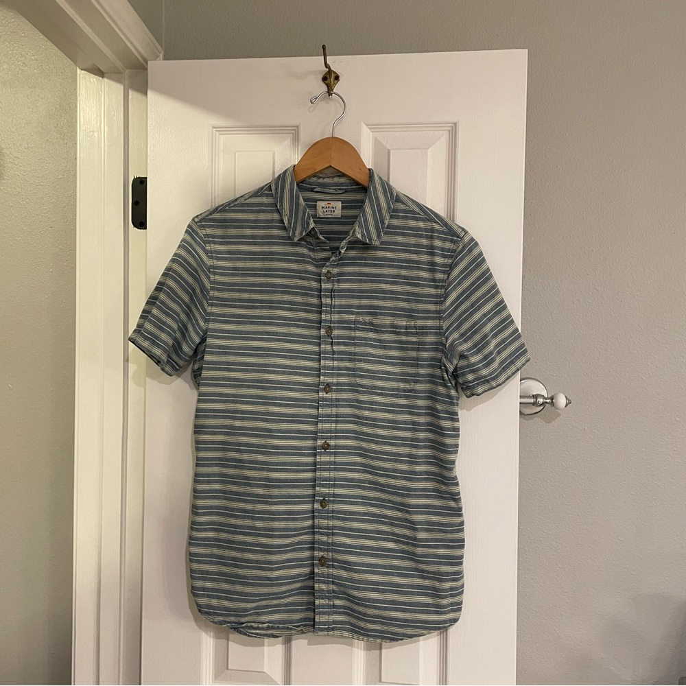 Marine Layer Blue Stripe Short Sleeve Selvage Shirt Medium